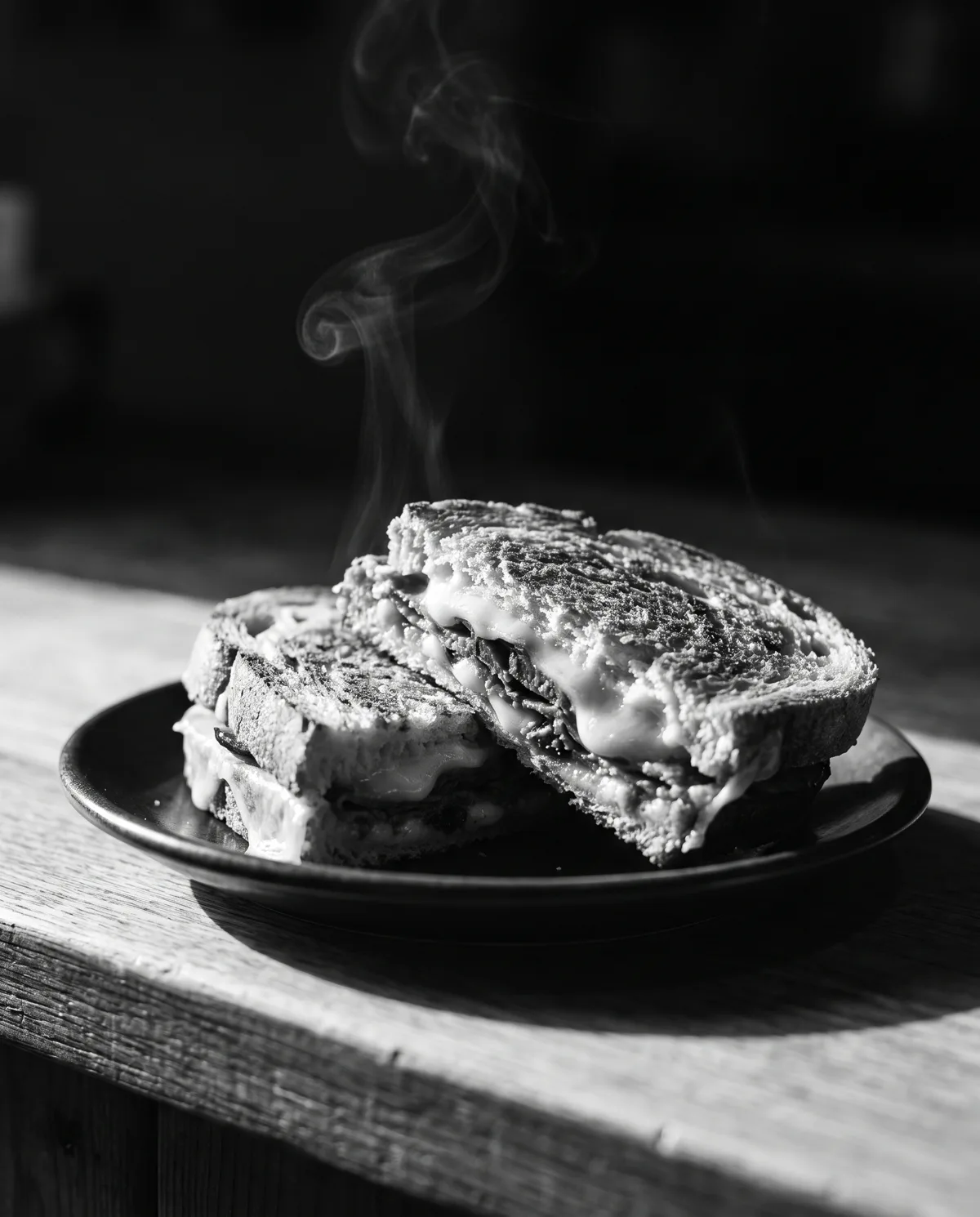 Un panino caldo tostato tagliato a metà su un piatto.